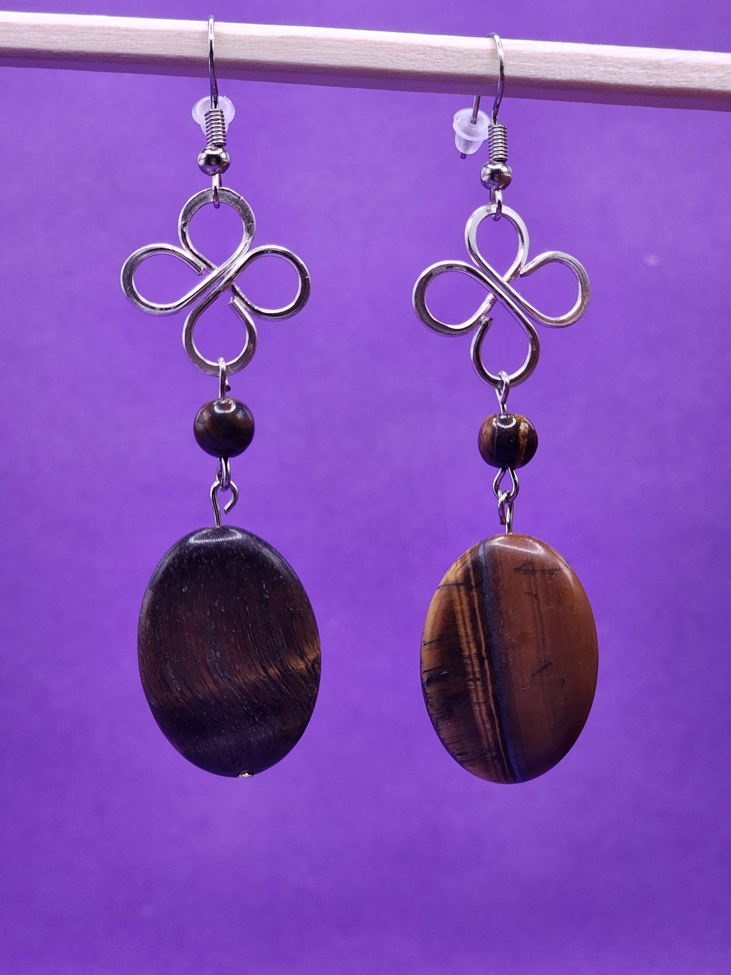 Tigers Eye Clover Dangle Earrings