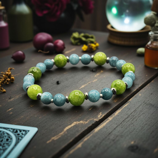“Meadow Sky” – Peridot & Blue Chalcedony Bracelet